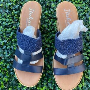 Italiana navy blue faux leather wedge sandals, size 9